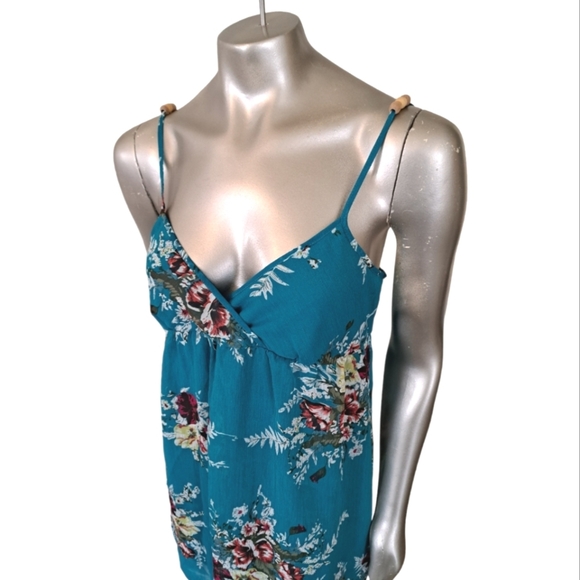 Y2K Rue21 Floral Slip Dress Teal Sheer Mini Spaghetti Strap 90s 2000s - Picture 4 of 10